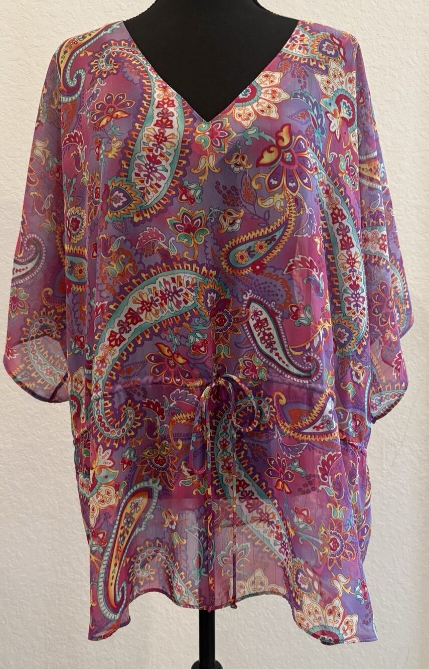 Chaps Colorful Sheer Paisley Blouse Drawstring Waist Size 2XL